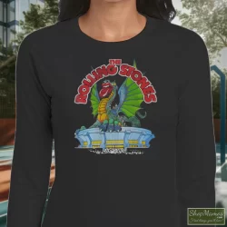 Rolling Stones Tour 1981 Dragon Shirt 4 Women's Rolling Stones Tour 1981 Dragon Long Sleeve In Black, Front View On Light Wood Background