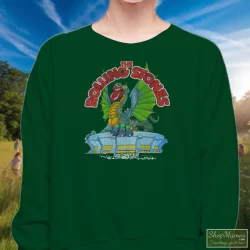Rolling Stones Tour 1981 Dragon Shirt 1 Women's Rolling Stones Tour 1981 Dragon Sweatshirt In Forest Green, Front View On Light Wood Background