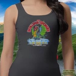 Rolling Stones Tour 1981 Dragon Shirt 9 Women's Rolling Stones Tour 1981 Dragon Tank Top In Charcoal, Front View On Dark Wood Background