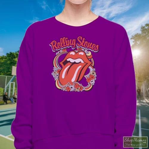 Rolling Stones Tour 2024 Gift For Fans Women’s Sweatshirt – Purple Front View On Light Wood Background Women's Rolling Stones Tour 2024 Gift For Fans Sweatshirt In Purple, Front View On Light Wood Background