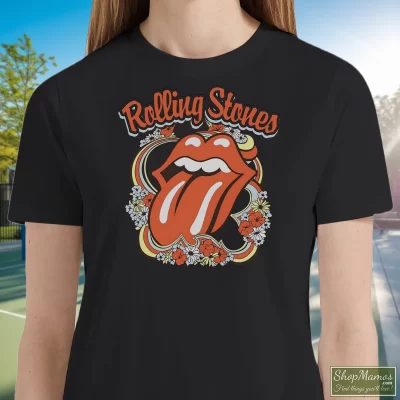 Women's Rolling Stones Tour 2024 Gift For Fans T Shirt In Black, Front View On Light Wood Background