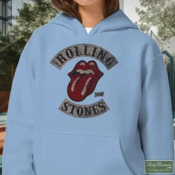 Rolling Stones Tour 78 Shirt 4 Women's Rolling Stones Tour 78 Hoodie In Light Blue, Front View On Dark Wood Background