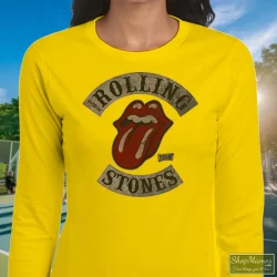 Rolling Stones Tour 78 Shirt 1 Women's Rolling Stones Tour 78 Long Sleeve In Yellow, Front View On Dark Wood Background
