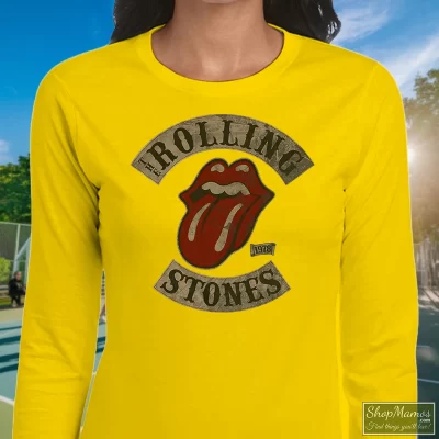 Women's Rolling Stones Tour 78 Long Sleeve In Yellow, Front View On Dark Wood Background