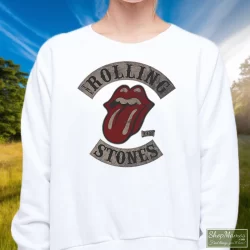 Rolling Stones Tour 78 Shirt 8 Women's Rolling Stones Tour 78 Sweatshirt In White, Front View On Dark Wood Background