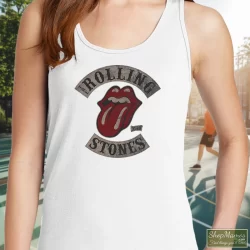 Rolling Stones Tour 78 Shirt 7 Women's Rolling Stones Tour 78 Tank Top In White, Front View On Dark Wood Background
