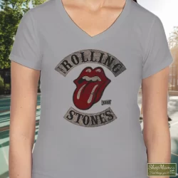 Rolling Stones Tour 78 Shirt 9 Women's Rolling Stones Tour 78 V Neck In Sport Grey, Front View On Dark Wood Background