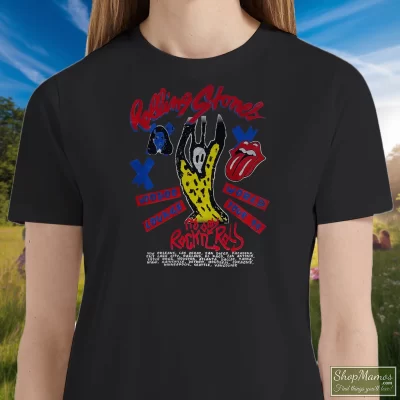 Women's Rolling Stones Voodo Lounge World Tour T Shirt In Black, Front View On Light Wood Background
