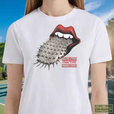 Women's Rolling Stones Voodoo Lounge North American Tour T Shirt In White, Front View On Dark Wood Background