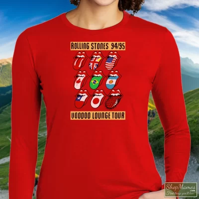 Women's Rolling Stones Voodoo Lounge Tour 94 95 Long Sleeve In Red, Front View On Dark Wood Background