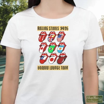 Women's Rolling Stones Voodoo Lounge Tour 94 95 T Shirt In White, Front View On Dark Wood Background