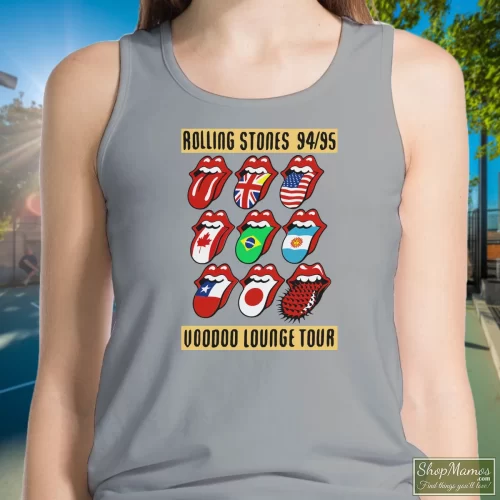 Rolling Stones Voodoo Lounge Tour 94 95 Women’s Tank Top – Sport Grey Front View On Dark Wood Background Women's Rolling Stones Voodoo Lounge Tour 94 95 Tank Top In Sport Grey, Front View On Dark Wood Background