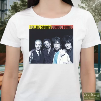 Women's Rolling Stones Voodoo Lounge Tour T Shirt In White, Front View On Dark Wood Background
