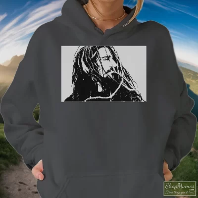 Women's Rolling Stones With British Flag Over Us Hoodie In Charcoal, Front View On Dark Wood Background
