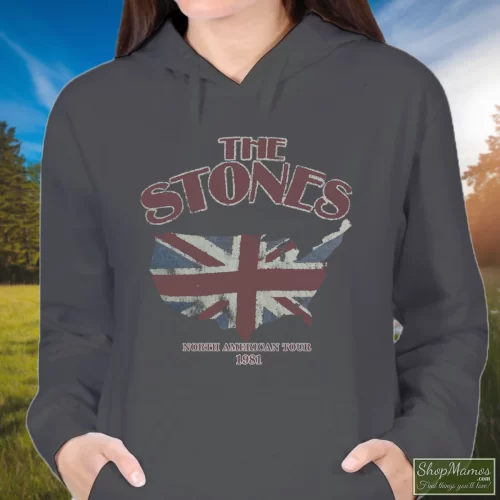 Rolling Stones With British Flag Over Us Women’s Hoodie – Charcoal Front View On Dark Wood Background Women's Rolling Stones With British Flag Over Us Hoodie In Charcoal, Front View On Dark Wood Background