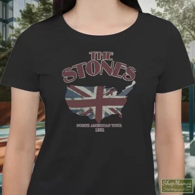 Women's Rolling Stones With British Flag Over Us T Shirt In Black, Front View On Light Wood Background