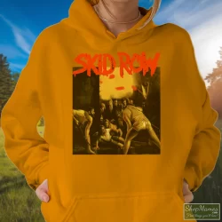 Skid Row 1991 Slave To The Grind Tour Shirt 8 Women's Skid Row 1991 Slave To The Grind Tour Hoodie In Orange, Front View On Dark Wood Background