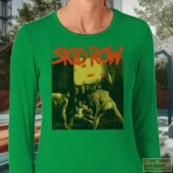 Skid Row 1991 Slave To The Grind Tour Shirt 7 Women's Skid Row 1991 Slave To The Grind Tour Long Sleeve In Irish Green, Front View On Light Wood Background