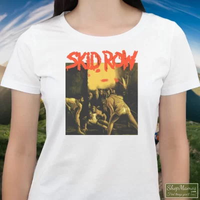 Women's Skid Row 1991 Slave To The Grind Tour T Shirt In White, Front View On Dark Wood Background