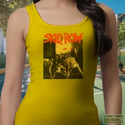 Skid Row 1991 Slave To The Grind Tour Shirt 6 Women's Skid Row 1991 Slave To The Grind Tour Tank Top In Yellow, Front View On Dark Wood Background
