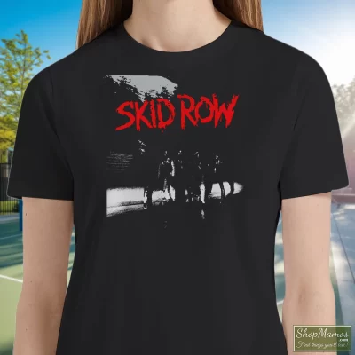 Women's Skid Row 80s Makin A Mess Of Japan Tour T Shirt In Black, Front View On Light Wood Background