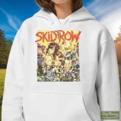 Skid Row B Side Ourselves 1992 Album Cover Inspired Black Shirt 4 Women's Skid Row B Side Ourselves 1992 Album Cover Inspired Black Hoodie In White, Front View On Dark Wood Background