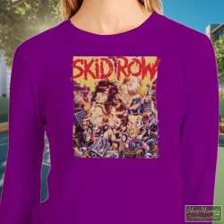 Skid Row B Side Ourselves 1992 Album Cover Inspired Black Shirt 8 Women's Skid Row B Side Ourselves 1992 Album Cover Inspired Black Sweatshirt In Purple, Front View On Light Wood Background