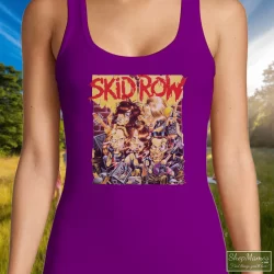 Skid Row B Side Ourselves 1992 Album Cover Inspired Black Shirt 5 Women's Skid Row B Side Ourselves 1992 Album Cover Inspired Black Tank Top In Purple, Front View On Light Wood Background