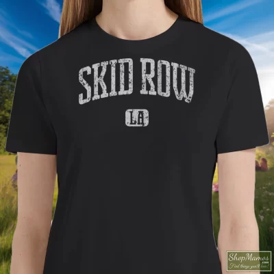 Women's Skid Row Los Angeles T Shirt In Black, Front View On Light Wood Background