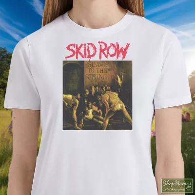 Women's Skid Row Slave To The Grind T Shirt In White, Front View On Dark Wood Background