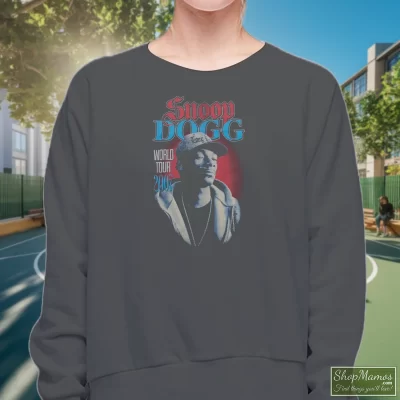 Women's Snoop Dogg 2007 World Tour Sweatshirt In Charcoal, Front View On Dark Wood Background