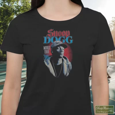 Women's Snoop Dogg 2007 World Tour T Shirt In Black, Front View On Light Wood Background
