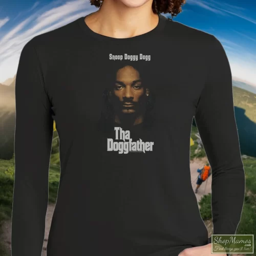 Snoop Dogg Dogg Tha Doggfather Death Row 2021 Women’s Long Sleeve – Black Front View On Light Wood Background Women's Snoop Dogg Dogg Tha Doggfather Death Row 2021 Long Sleeve In Black, Front View On Light Wood Background