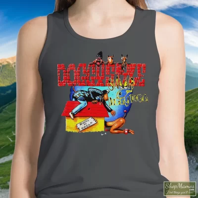 Women's Snoop Dogg Doggy Style Cover Tank Top In Charcoal, Front View On Dark Wood Background