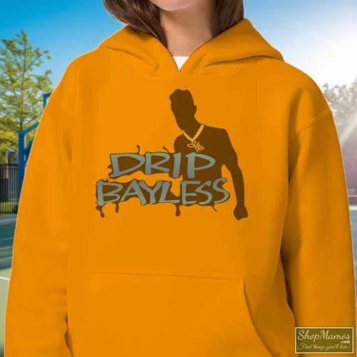 Snoop Dogg Drip Bayless Women’s Hoodie – Orange Front View On Dark Wood Background Women's Snoop Dogg Drip Bayless Hoodie In Orange, Front View On Dark Wood Background