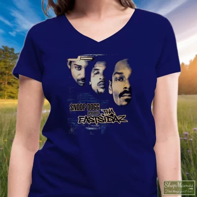 Women's Snoop Dogg Et The Eastsidaz Up In Smoke World Tour Navy Fans V Neck In Navy, Front View On Light Wood Background