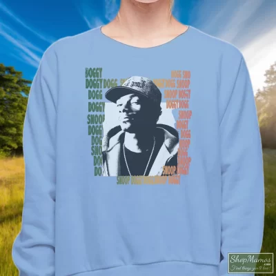 Women's Snoop Dogg In Dirty Sweatshirt In Light Blue, Front View On Dark Wood Background