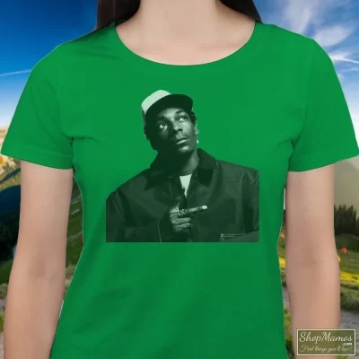 Women's Snoop Dogg Rap T Shirt In Irish Green, Front View On Light Wood Background