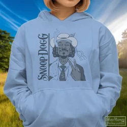 Snoop Dogg Smoke Weed Everyday Shirt 8 Women's Snoop Dogg Smoke Weed Everyday Hoodie In Light Blue, Front View On Dark Wood Background