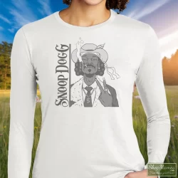 Snoop Dogg Smoke Weed Everyday Shirt 2 Women's Snoop Dogg Smoke Weed Everyday Long Sleeve In White, Front View On Dark Wood Background