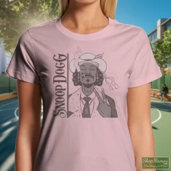 Snoop Dogg Smoke Weed Everyday Shirt 3 Women's Snoop Dogg Smoke Weed Everyday T Shirt In Light Pink, Front View On Dark Wood Background