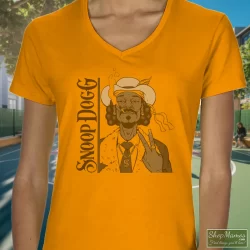 Snoop Dogg Smoke Weed Everyday Shirt 5 Women's Snoop Dogg Smoke Weed Everyday V Neck In Orange, Front View On Dark Wood Background