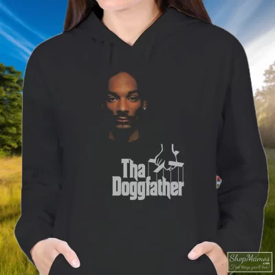 Women's Snoop Dogg Tha Doggfather Hoodie In Black, Front View On Light Wood Background