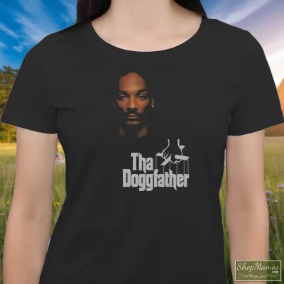 Women's Snoop Dogg Tha Doggfather T Shirt In Black, Front View On Light Wood Background