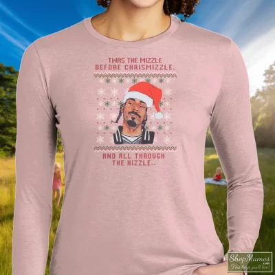Women's Snoop Dogg Twas The Nizzle Before Chrismizzle Christmas Long Sleeve In Light Pink, Front View On Dark Wood Background