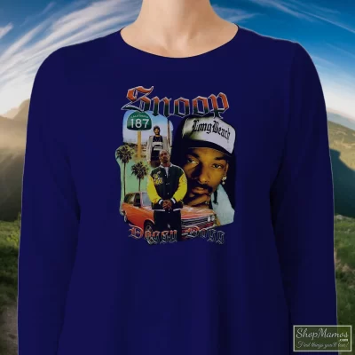 Women's Snoop Dogg Vintage Long Sleeve In Navy, Front View On Light Wood Background
