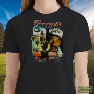 Women's Snoop Dogg Vintage T Shirt In Black, Front View On Light Wood Background