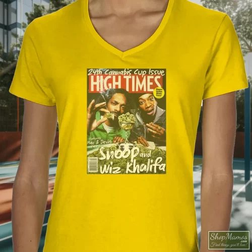 Snoop Dogg Wiz Khalifa Weed Ganja Sativa Indica Women’s V Neck – Yellow Front View On Dark Wood Background Women's Snoop Dogg Wiz Khalifa Weed Ganja Sativa Indica V Neck In Yellow, Front View On Dark Wood Background