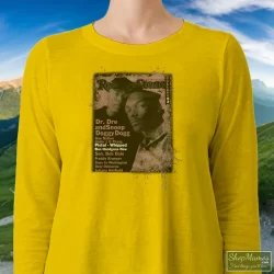 Snoop Doggy Dogg Dr Dre Rolling Stones Cover Collection 90s Shirt 6 Women's Snoop Doggy Dogg Dr Dre Rolling Stones Cover Collection 90s Long Sleeve In Yellow, Front View On Dark Wood Background