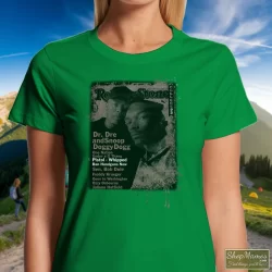 Snoop Doggy Dogg Dr Dre Rolling Stones Cover Collection 90s Shirt 10 Women's Snoop Doggy Dogg Dr Dre Rolling Stones Cover Collection 90s T Shirt In Irish Green, Front View On Light Wood Background